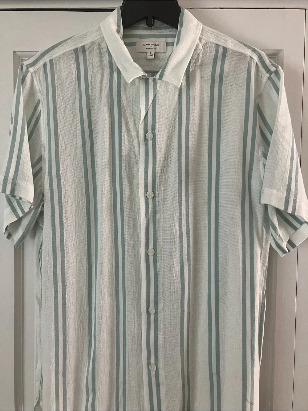 Banana Republic Light Green and White Vertical Stripe Short-Sleeve Shirt